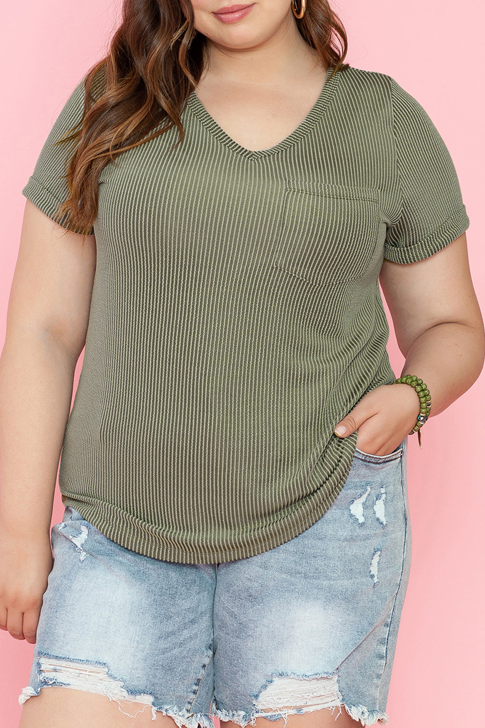 Meadow Mist Green Plus Size Corded V Neck Patch Pocket Tee