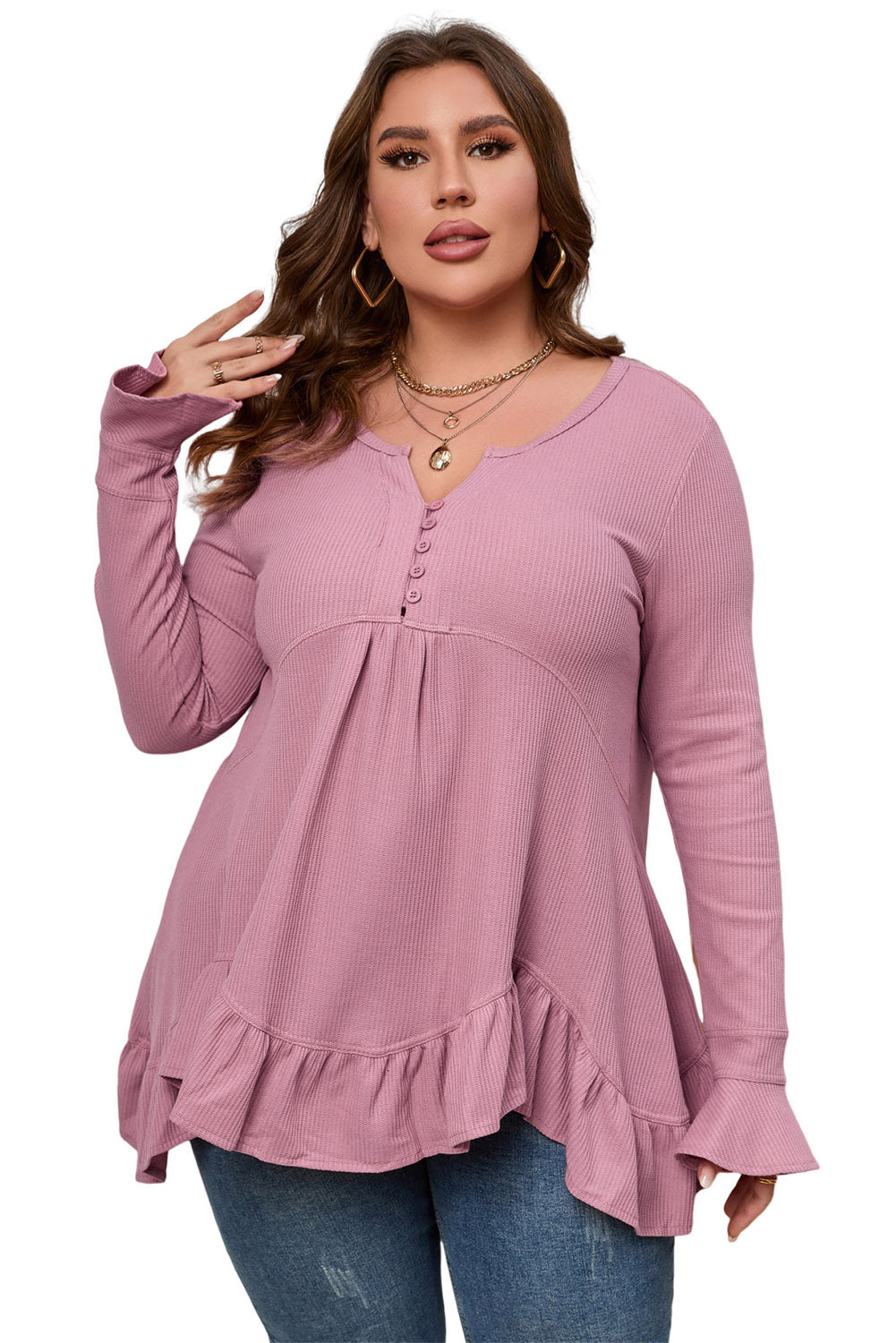 Pink Plus Size Ruffled Waffle Knit Babydoll Top