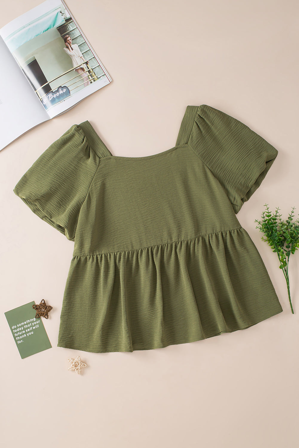 Jungle Green Solid Short Sleeve Square Neck Plus Babydoll Top