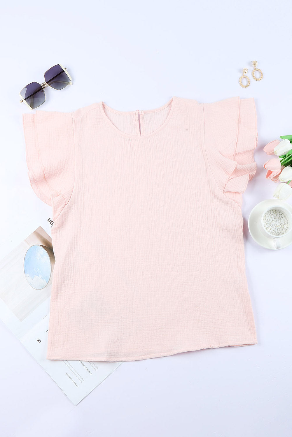 Pink Textured Tiered Ruffled Short Sleeve Blouse