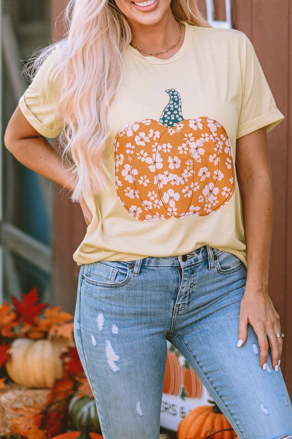 Khaki Sweet Floral Pumpkin Graphic Tee