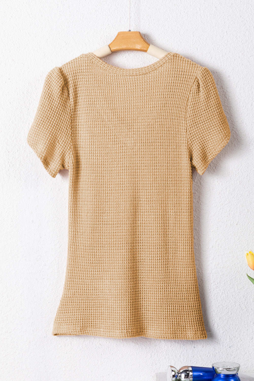 Camel V Neck Petal Sleeve Waffle Knit T-Shirt