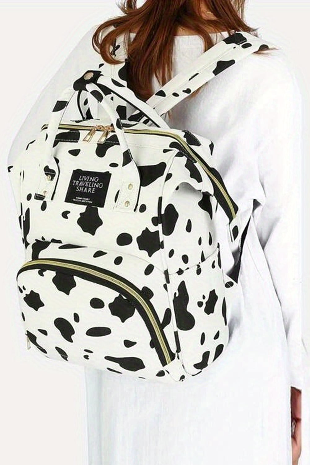 White Cow Spot Print Multi Pocket Canvas Backpack