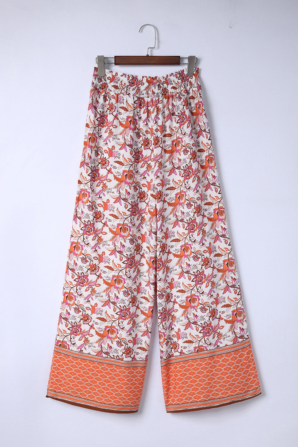 Fiery Red Floral Print Shirred High Waist Wide Leg Pants