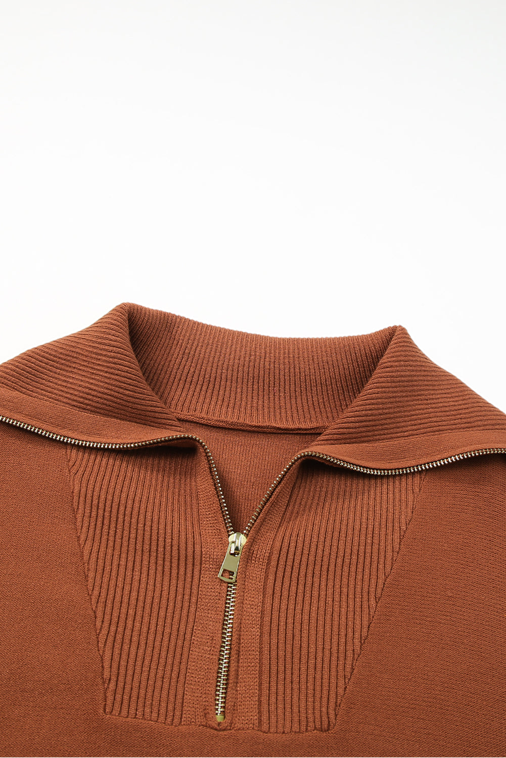 Brown Solid Ribbed Trim Plus Size Zip Collar Sweater