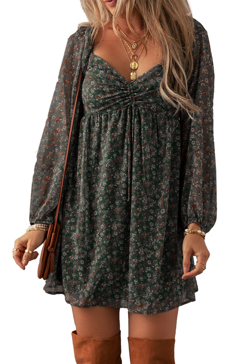 Green Floral Print Sweetheart Neck Shirred Back Mini Dress