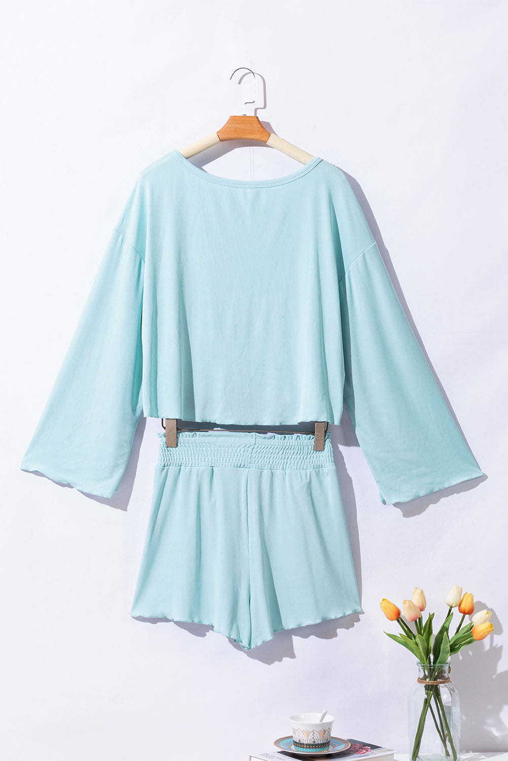 Sky Blue Long Sleeve Top & Shirred High Waist Shorts Set