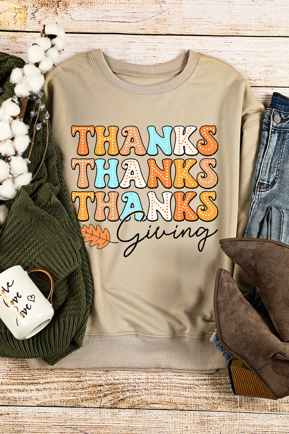 Khaki THANKS giving Leaves Printed Drop Shoulder Sweatshirt