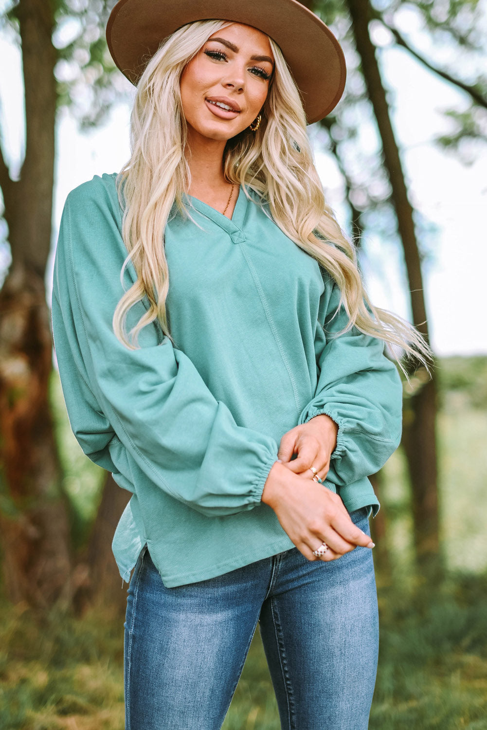 Green Split V Neck Dolman Top