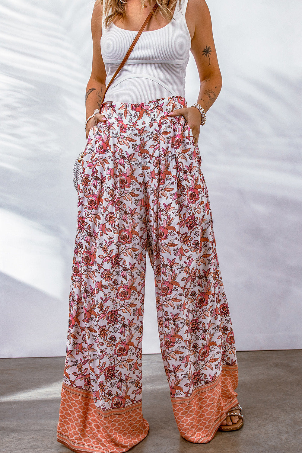 Fiery Red Floral Print Shirred High Waist Wide Leg Pants