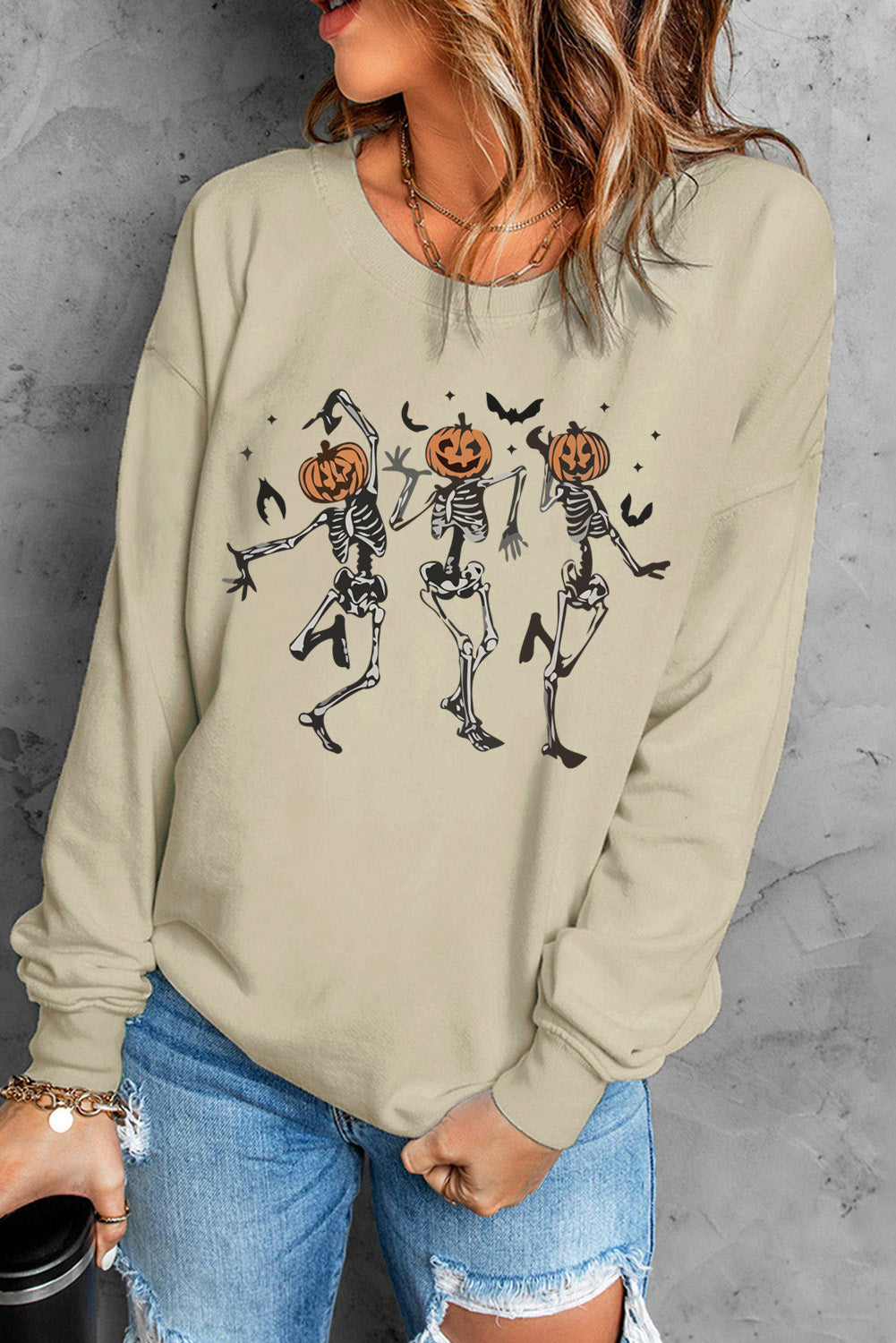 Khaki Skeleton Pumpkin Graphic Print Pullover Sweatshirt