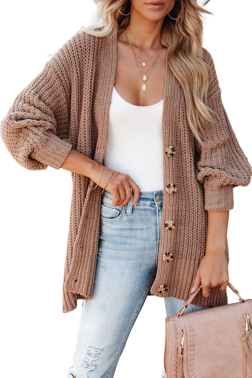 Khaki Buttoned Front Drop Shoulder Knitted Cardigan