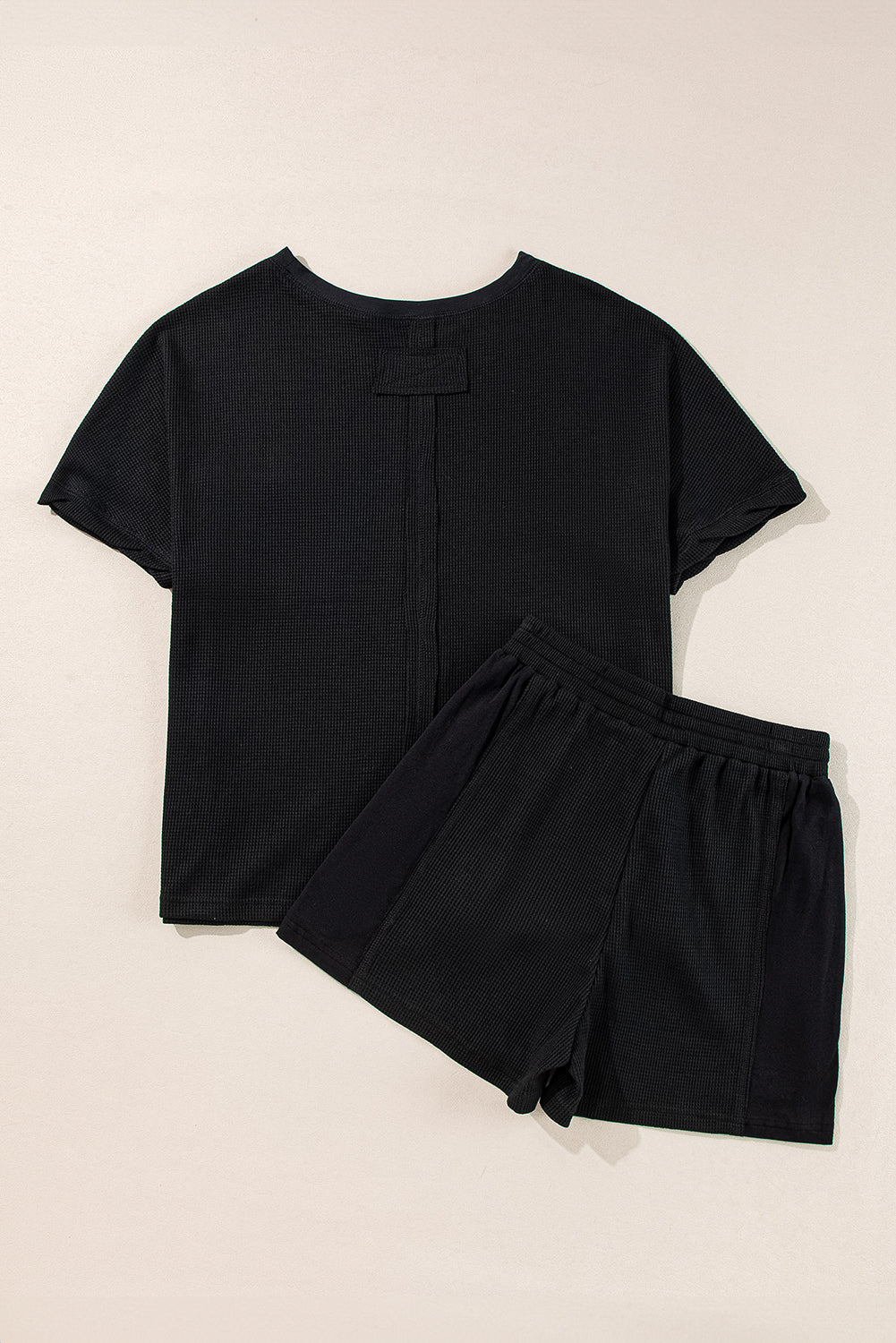 Black Waffle Knit Oversize Tee and Shorts Set