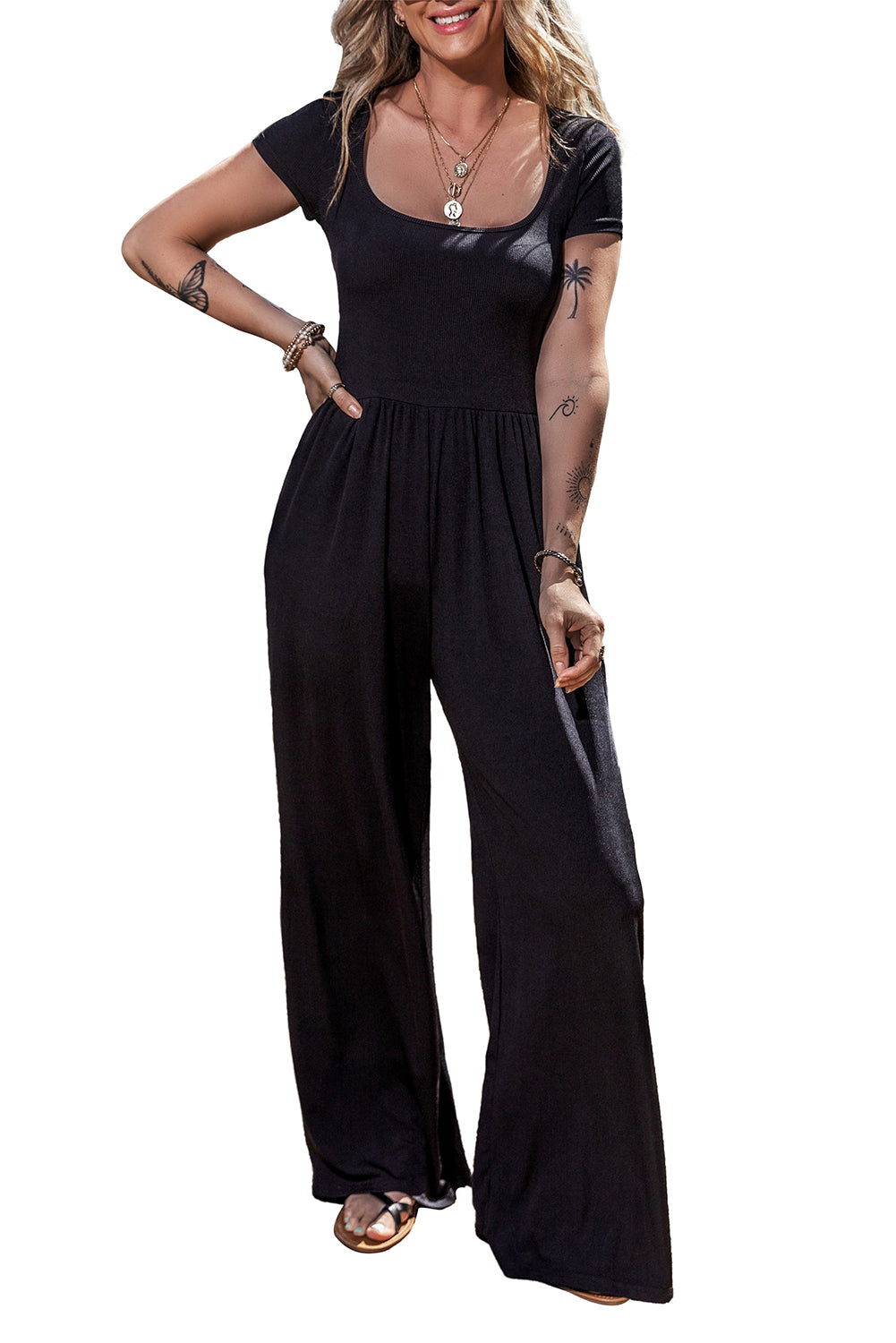 Black Pleated High Waist U Neck Short Sleeve Jumpsuit