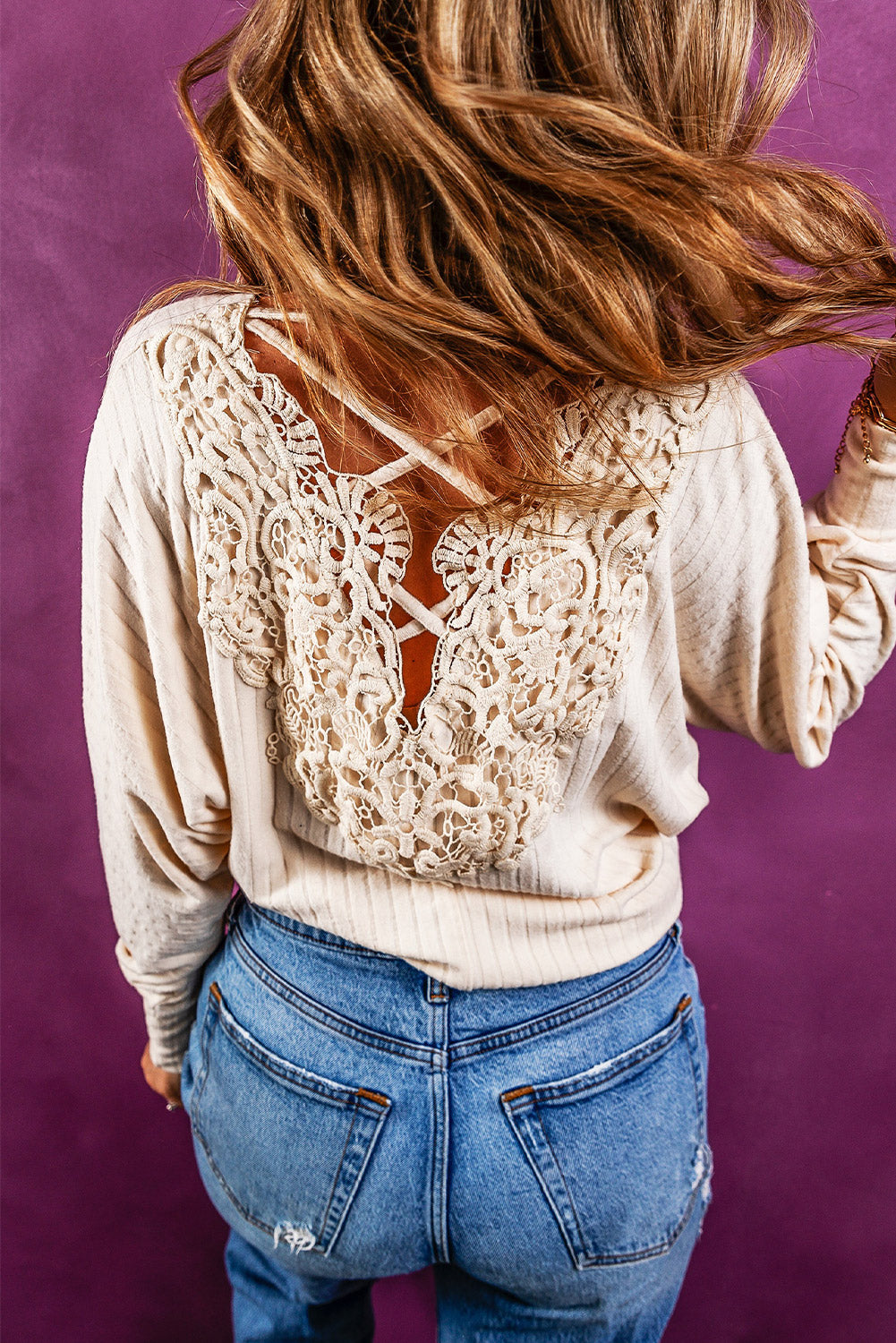 Oatmeal Lace-up Crochet Open Back Ribbed Top