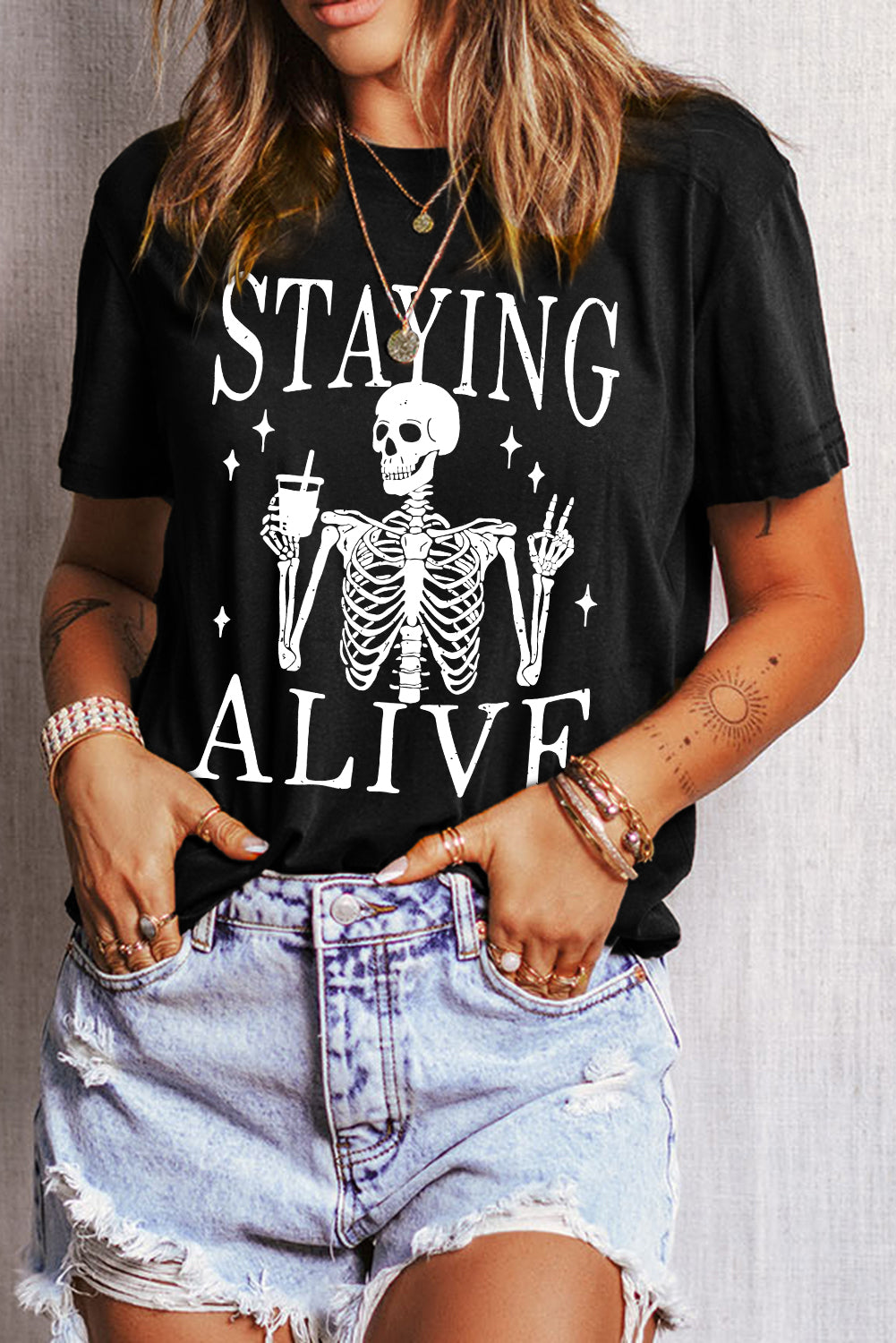 Black STAYING ALIVE Funny Skeleton Print Round Neck T Shirt