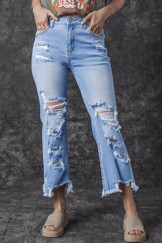 Sky Blue Heavy Destroyed High Waist Jeans