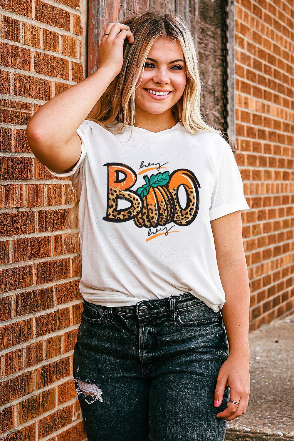 White BOO Pumpkin Leopard Print Crew Neck T Shirt