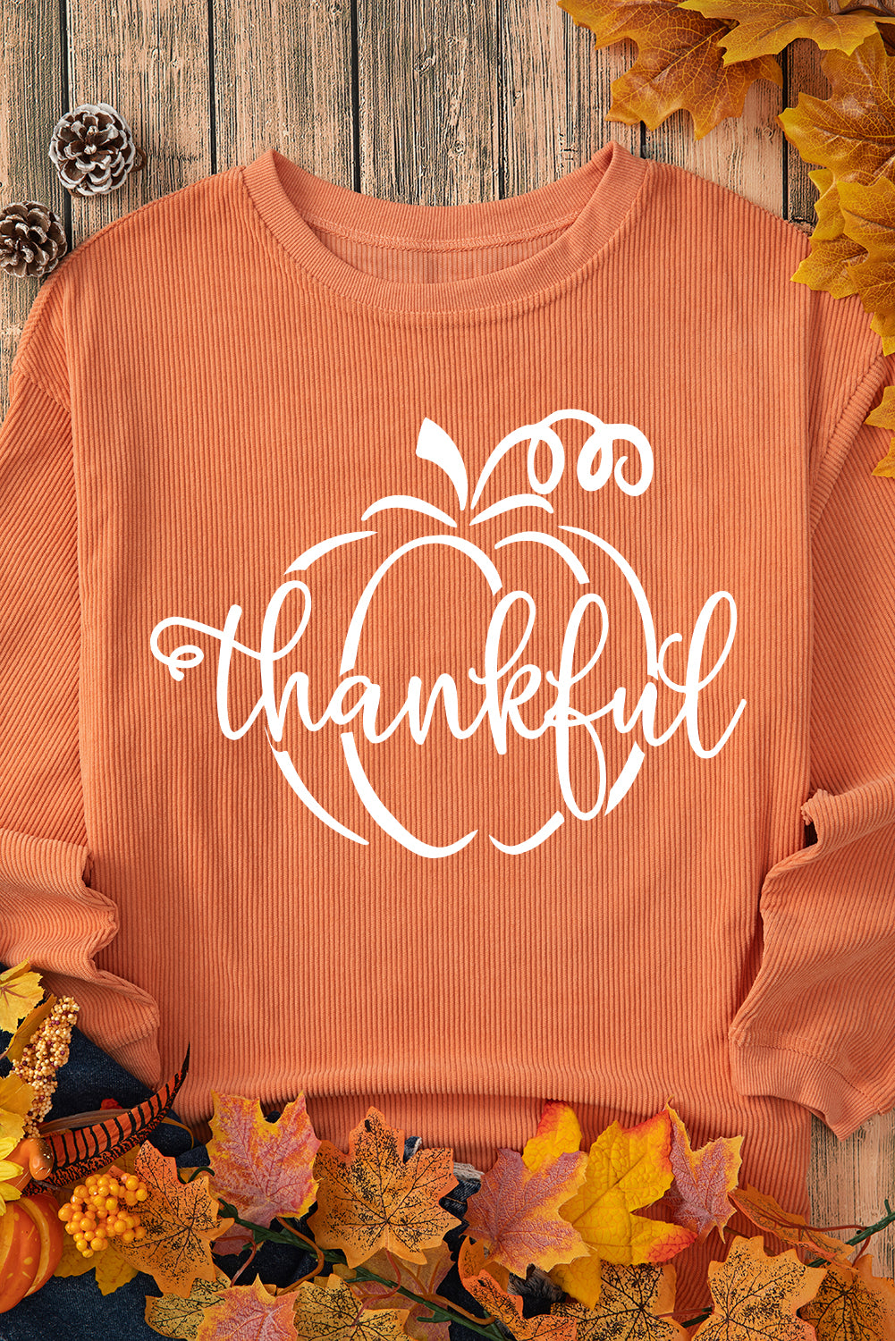 Orange Pumpkin thankful Graphic Corded Thanksgiving Sweatshirt