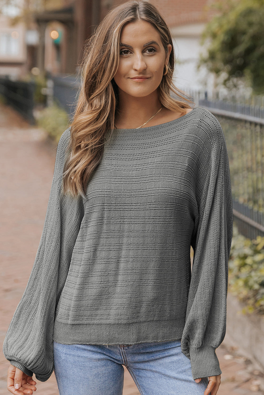 Dark Grey Lantern Sleeve Eyelets Textured Knit Sweater