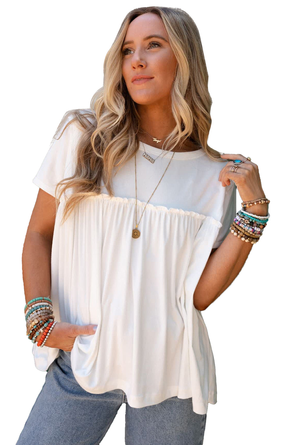 White Ruffled Trim Loose Babydoll Tee