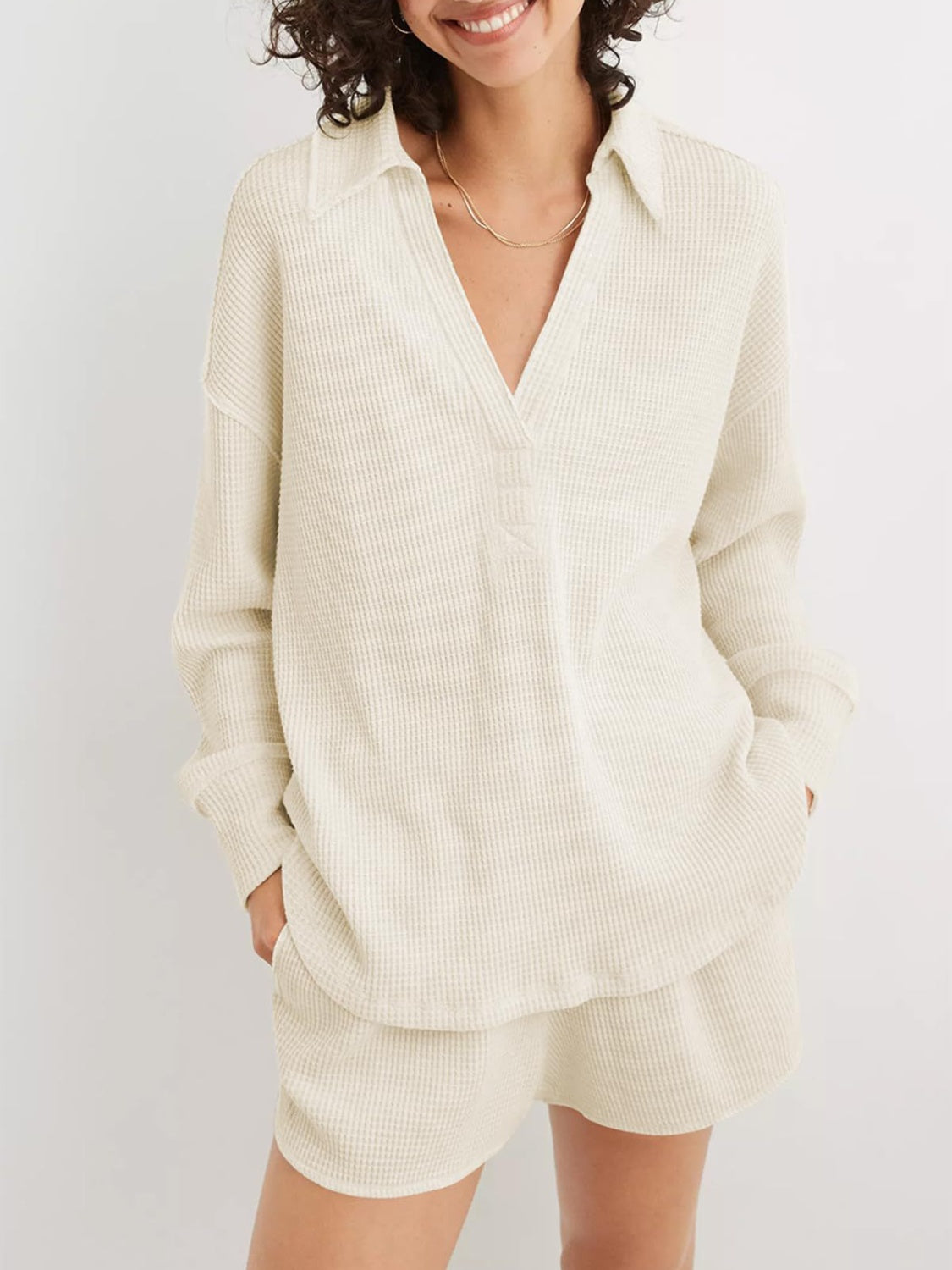 Waffle-Knit Johnny Collar Long Sleeve Sweatshirt