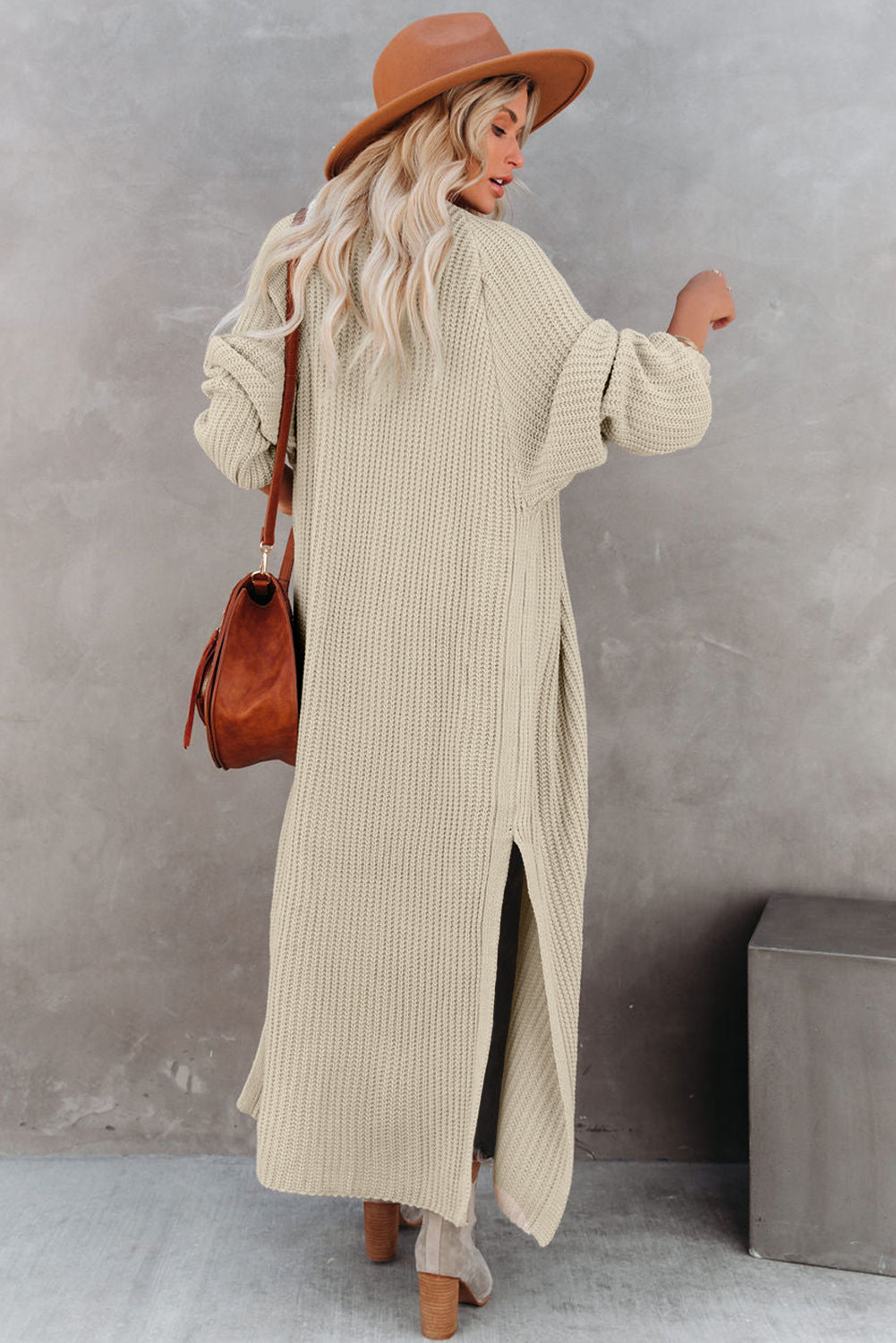 Beige Open Front Side Slit Duster Knit Cardigan