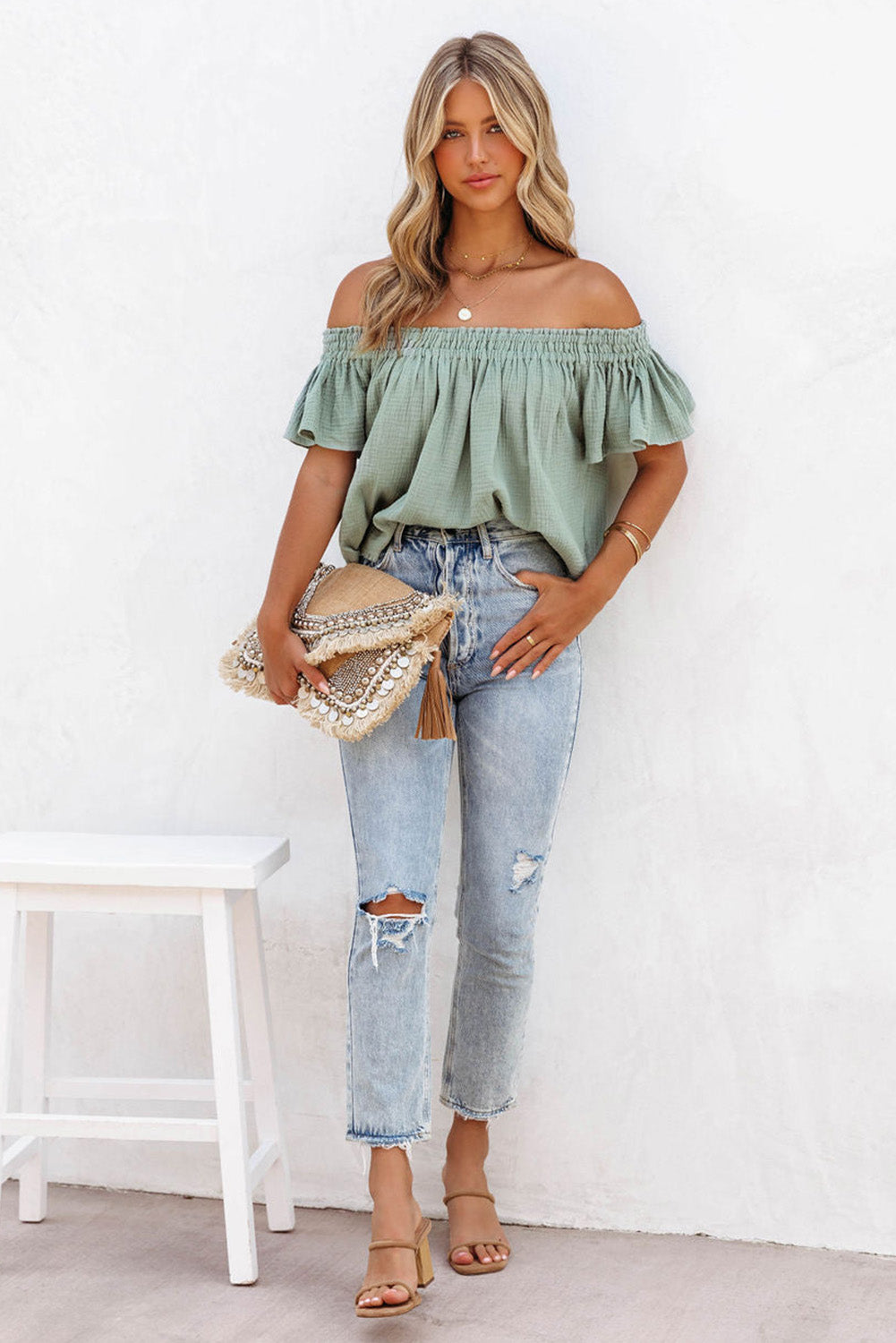 Green Off Shoulder Textured Ruched Ruffle Blouse