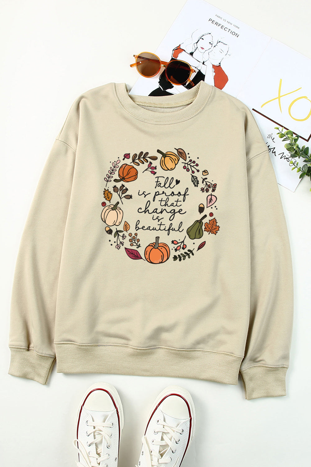 Khaki Fall Vibe Pumpkin Print Round Neck Sweatshirt