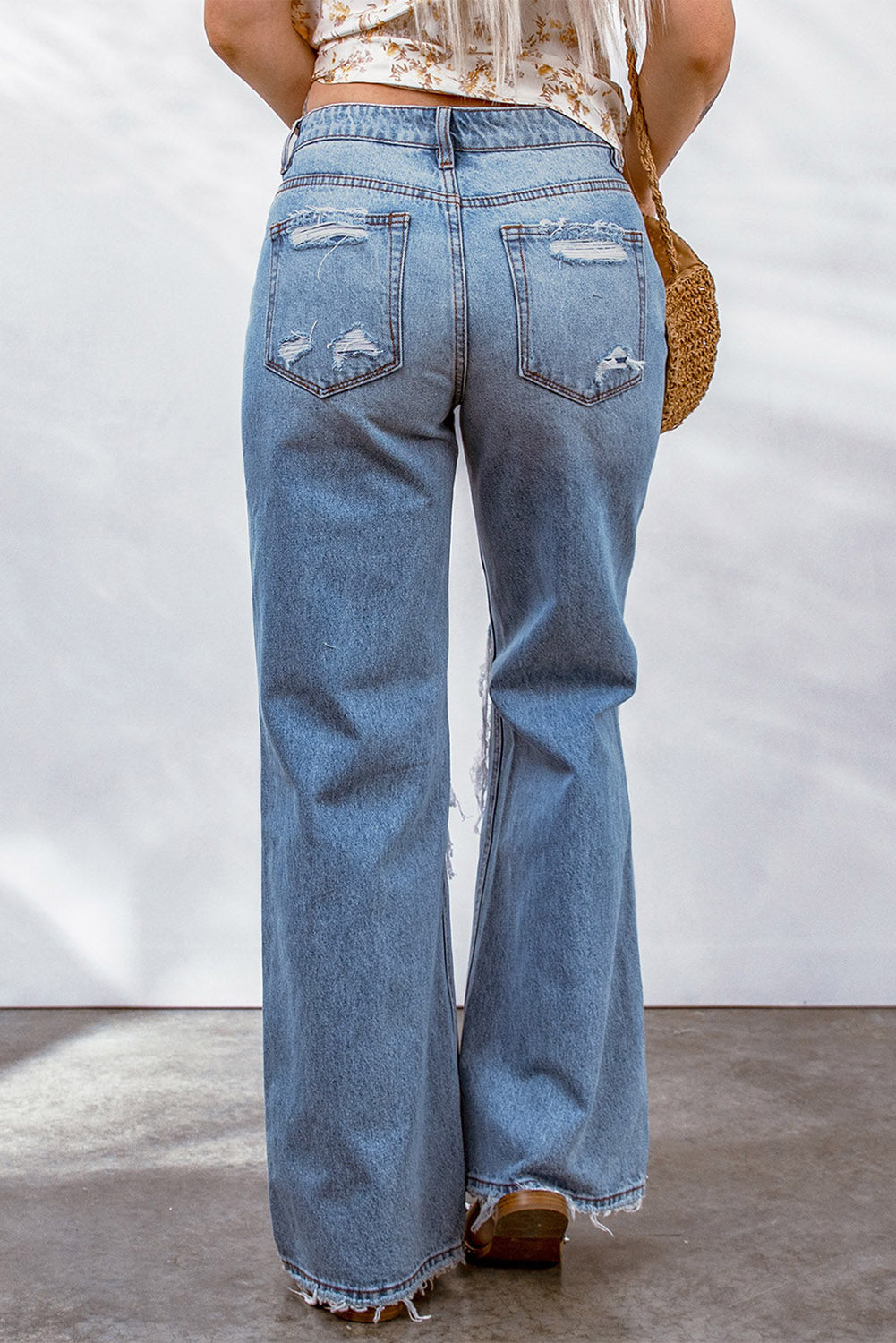 Sky Blue Destroyed Open Knee Wide Leg Jeans