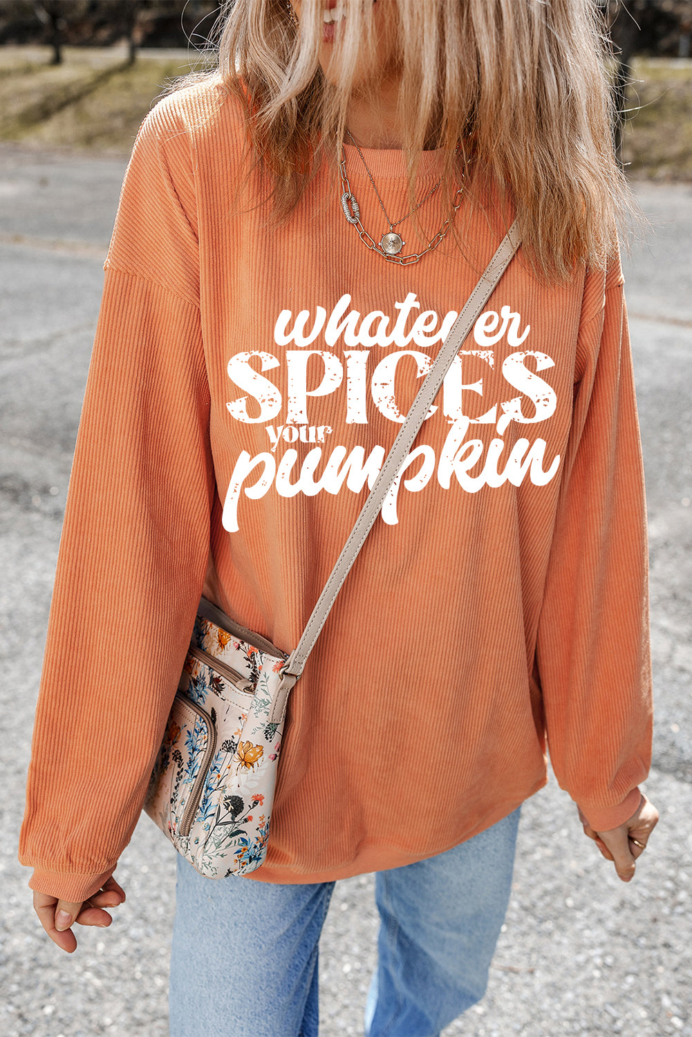 Orange Whatever Spices Your Pumpkin Graphic Corded Pullover Sweatshirt