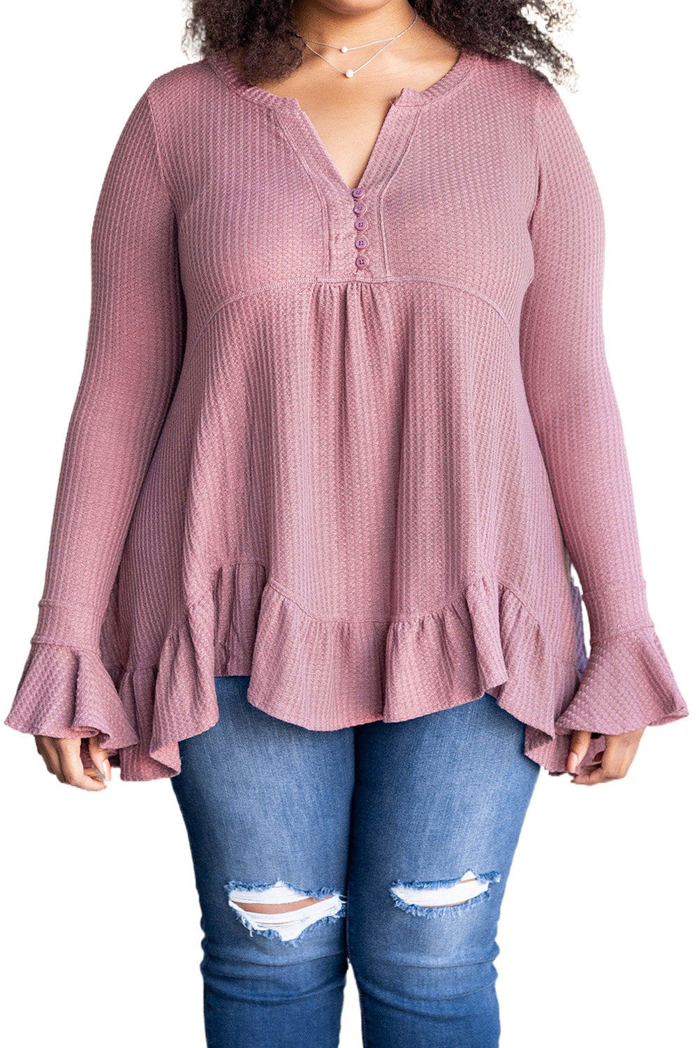 Pink Plus Size Ruffled Waffle Knit Babydoll Top