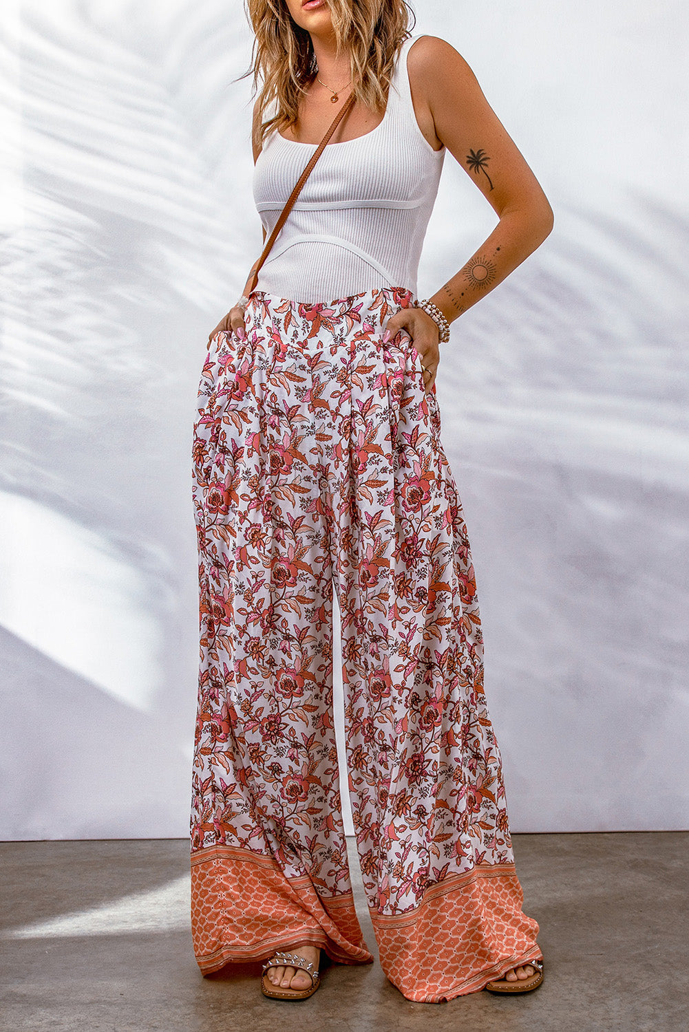 Fiery Red Floral Print Shirred High Waist Wide Leg Pants