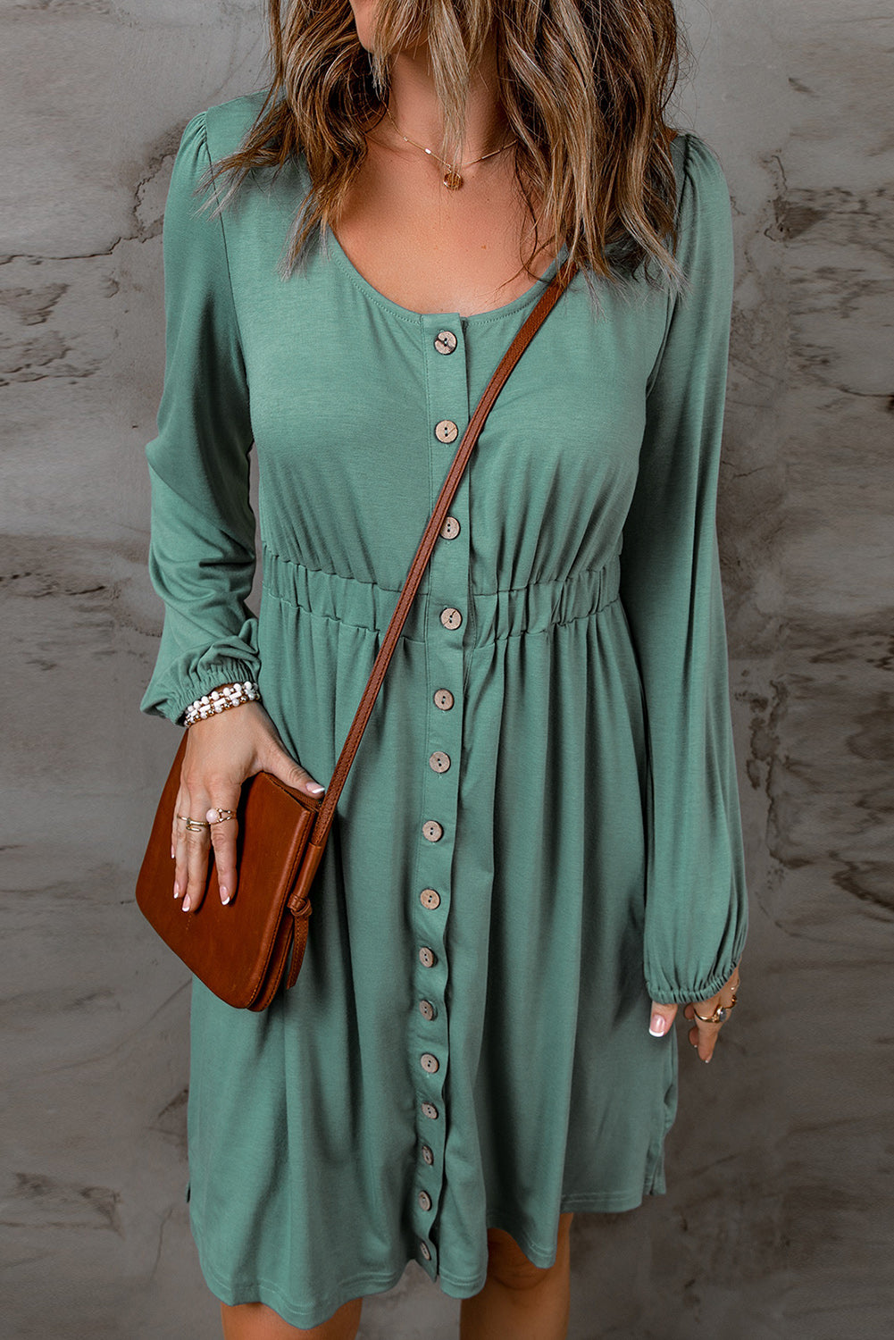 Green Button Up High Waist Long Sleeve Dress