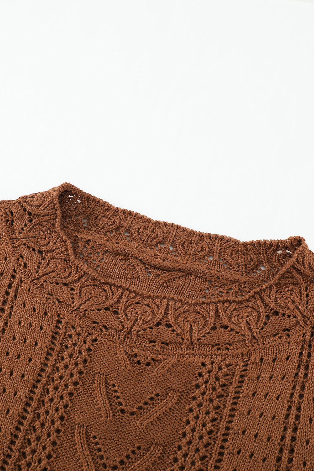 Brown Crochet Lace Pointelle Knit Sweater