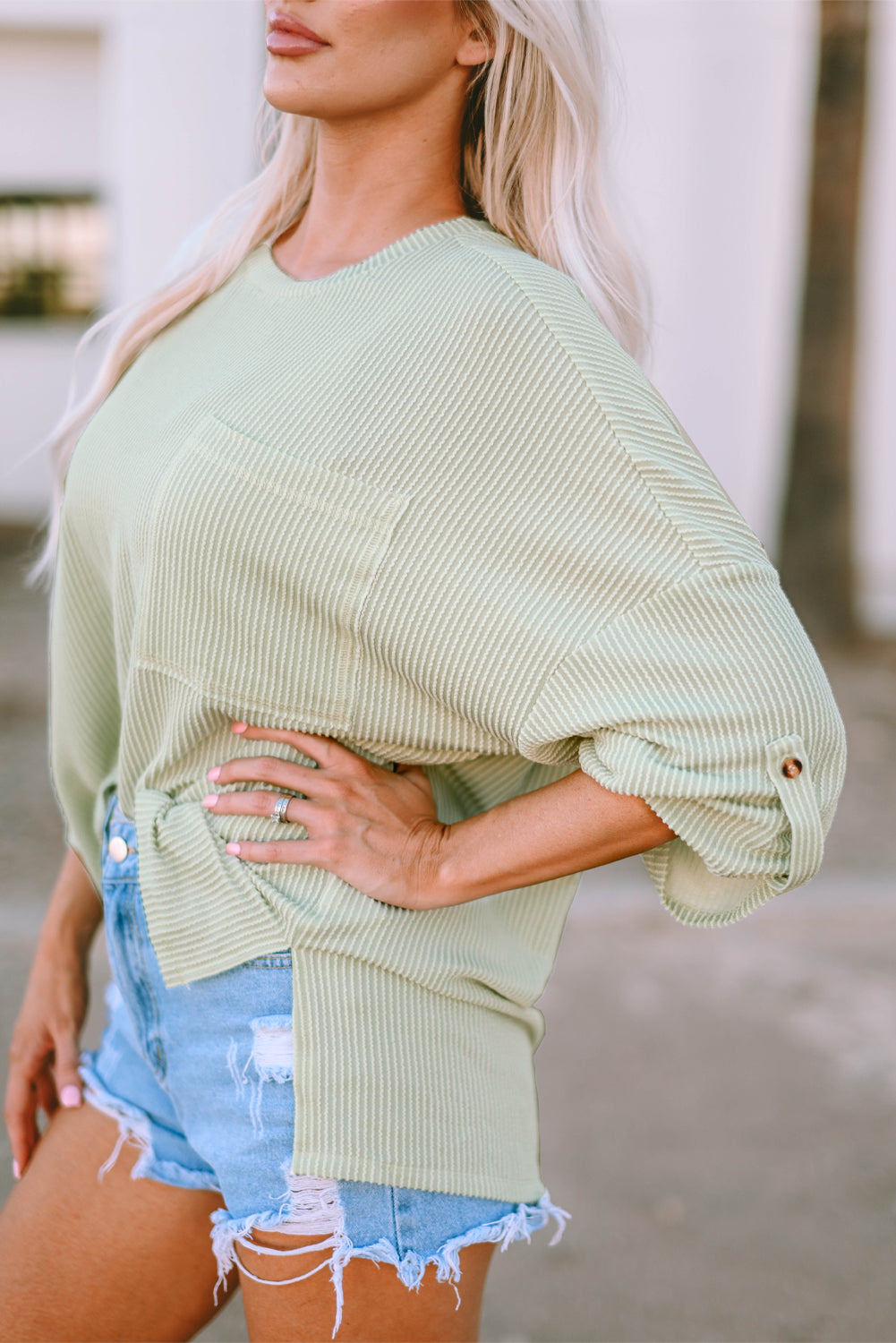 Green Ribbed Roll-tab Sleeve Chest Pocket Oversize Top