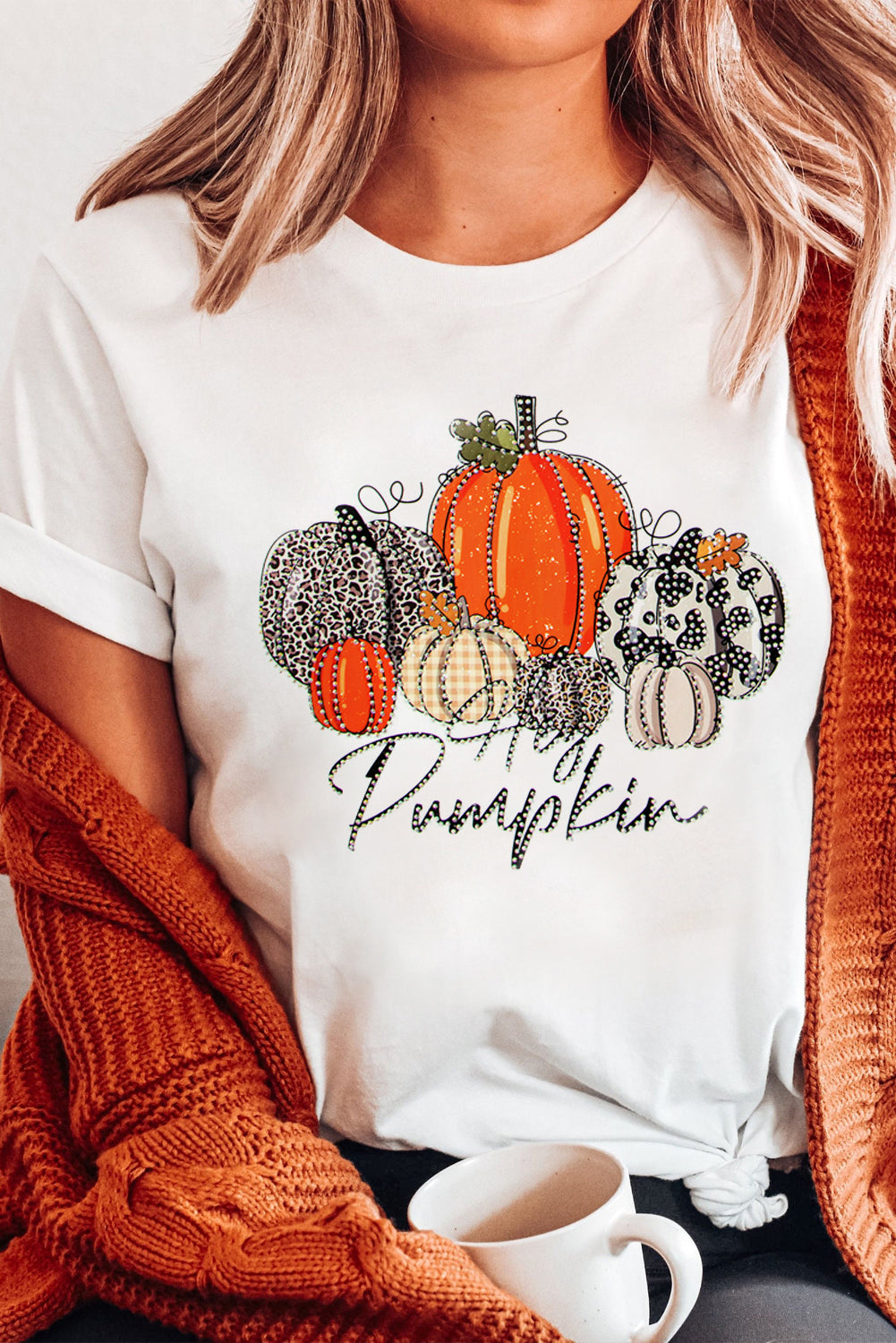 White Rhinestone Hey Pumpkin Graphic Thanksgiving Tee