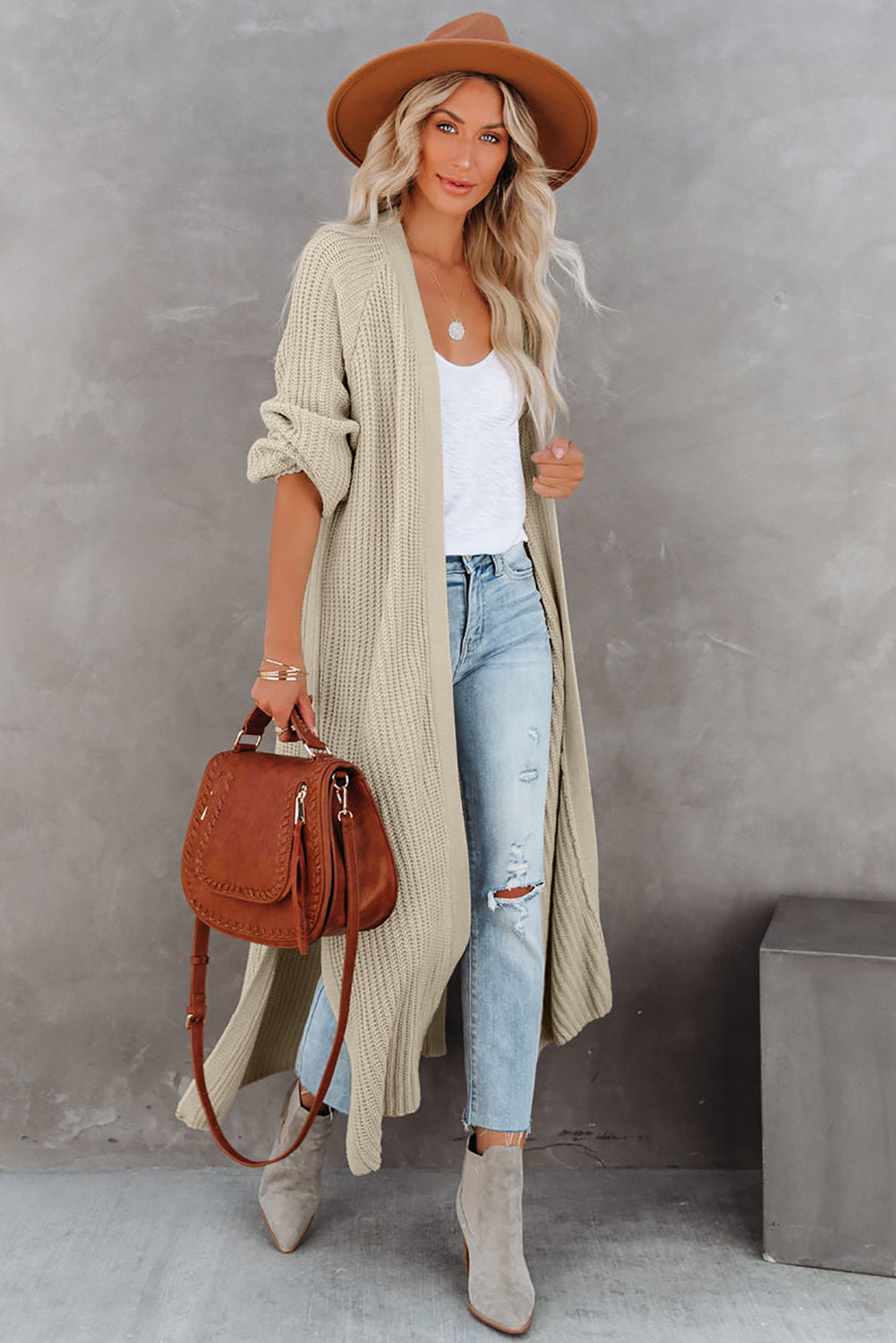 Beige Open Front Side Slit Duster Knit Cardigan