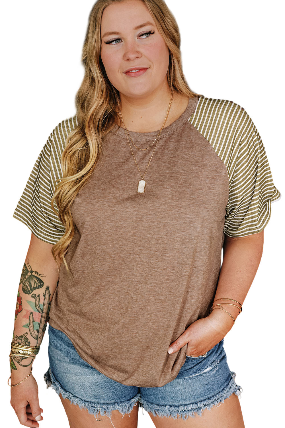 Light French Beige Striped Raglan Sleeve Crewneck Plus Size T Shirt