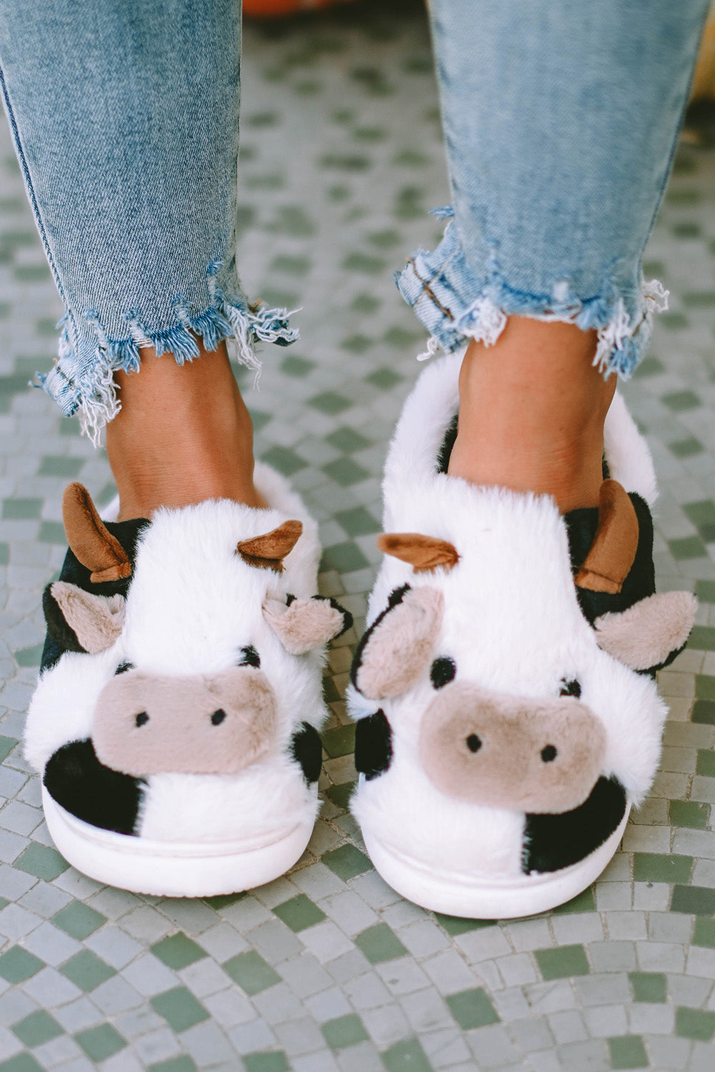 White Cartoon Animal Cow Plush Slippers