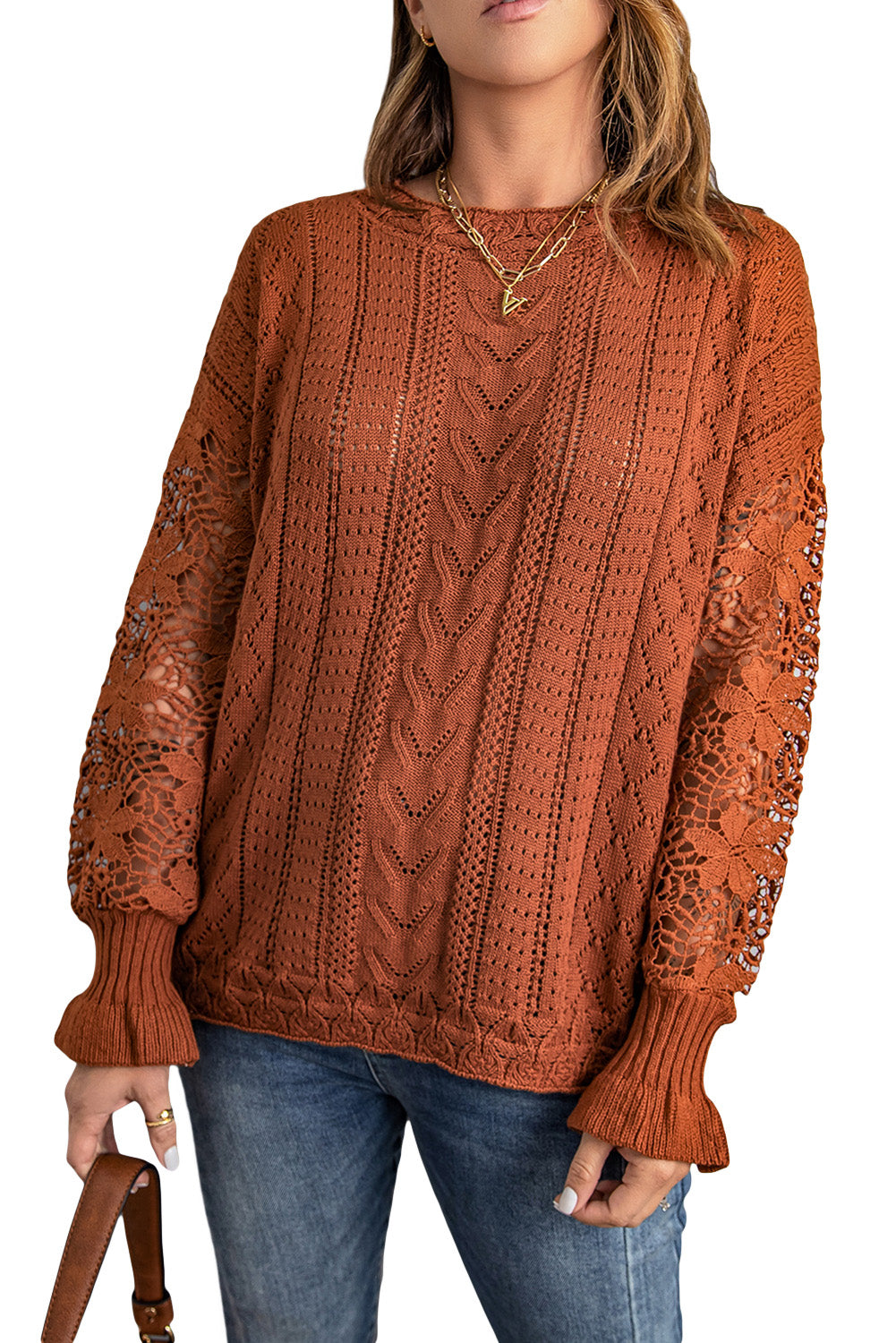 Brown Crochet Lace Pointelle Knit Sweater