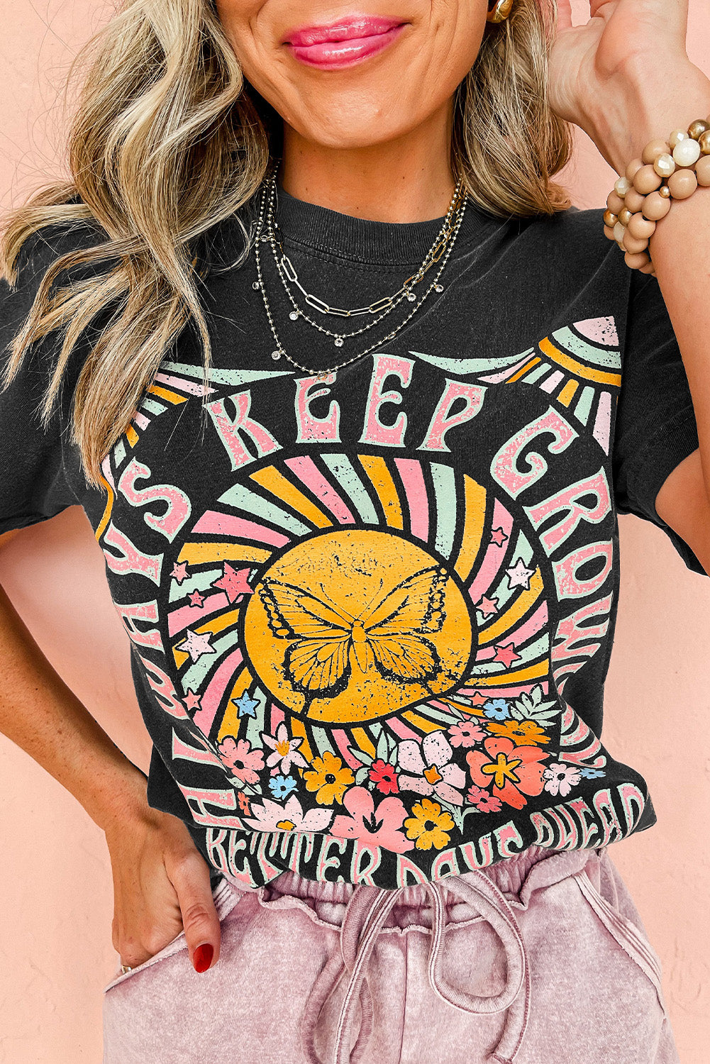 Black Always Keep Growing Butterfly Flower Crewneck Graphic Tee