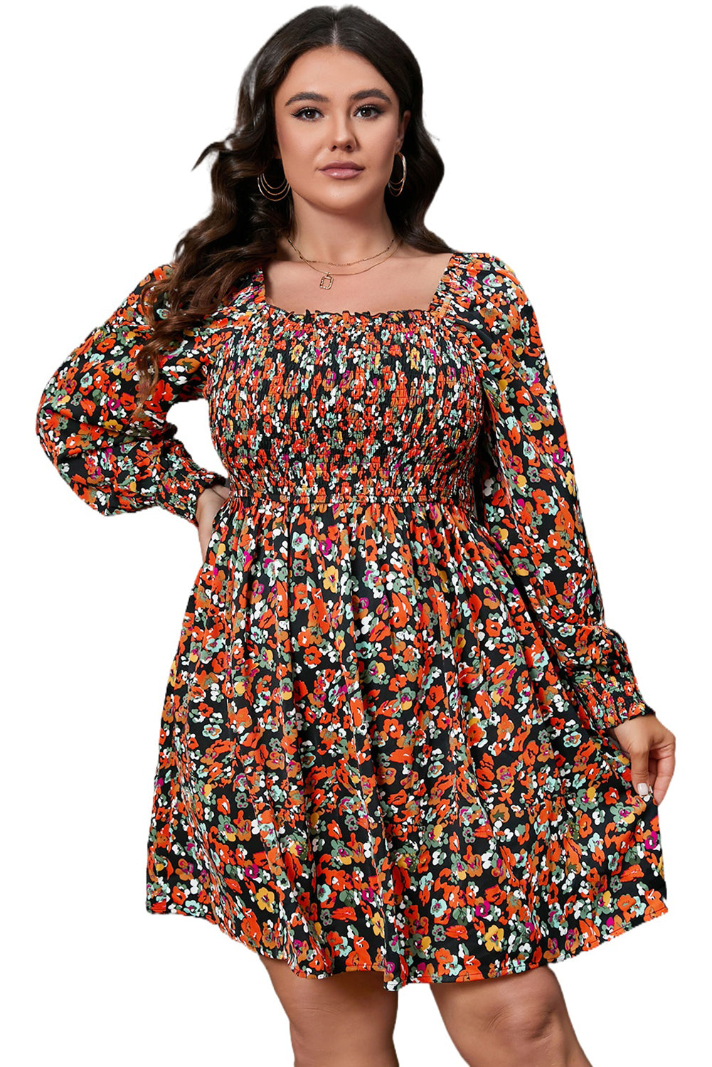 Multicolor Plus Size Smocked Long Sleeve Floral Dress