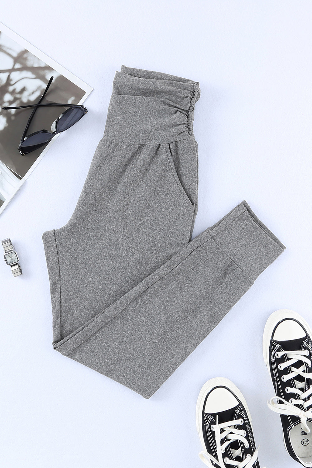 Gray High Waist Pleated Pocket Leggings