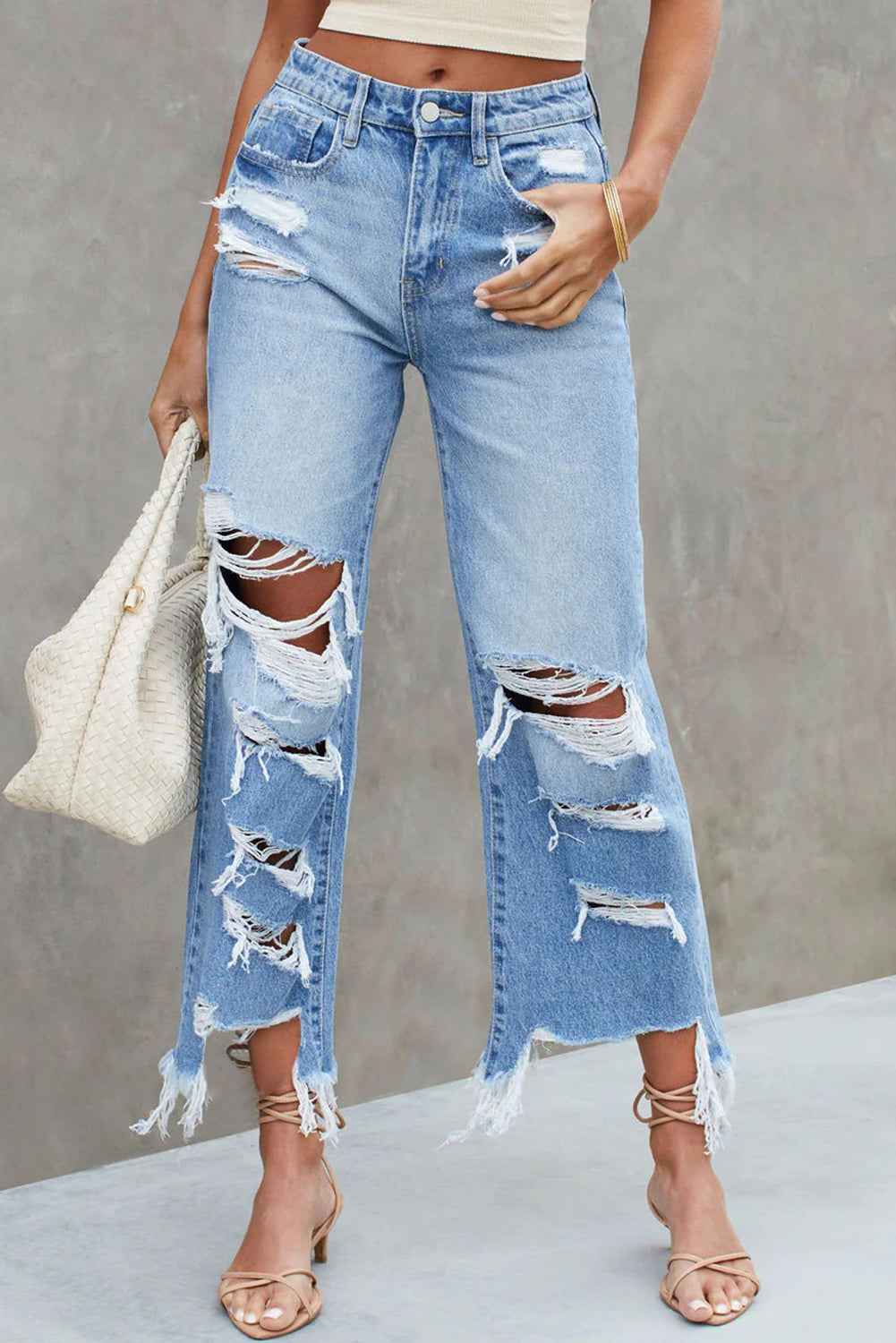 Sky Blue Heavy Destroyed High Waist Jeans