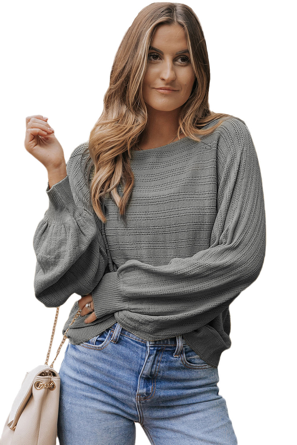 Dark Grey Lantern Sleeve Eyelets Textured Knit Sweater