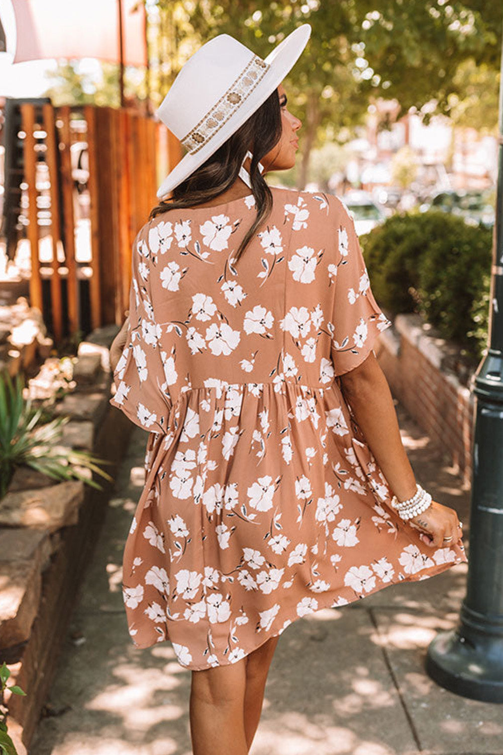 Khaki V Neck Floral Babydoll Dress with Pockets