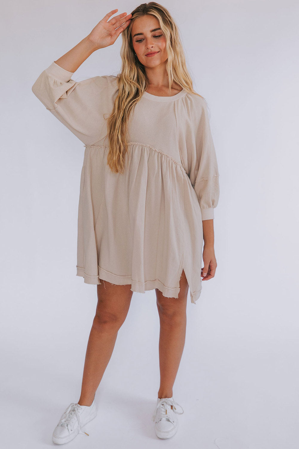 Oatmeal 3/4 Sleeves High Waist Slits Mini Dress