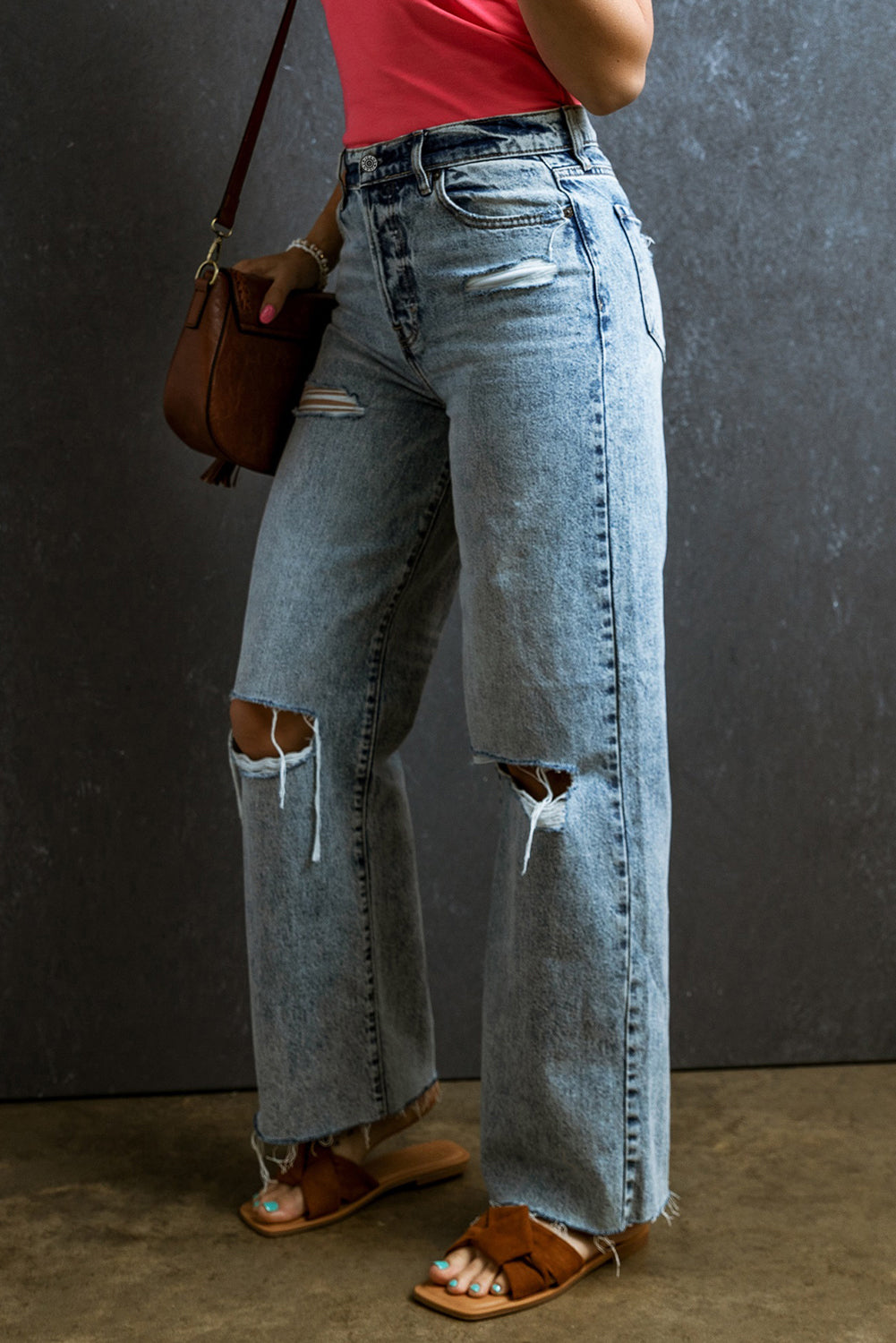 Light Blue Distressed Ripped Raw Hem Straight Jeans