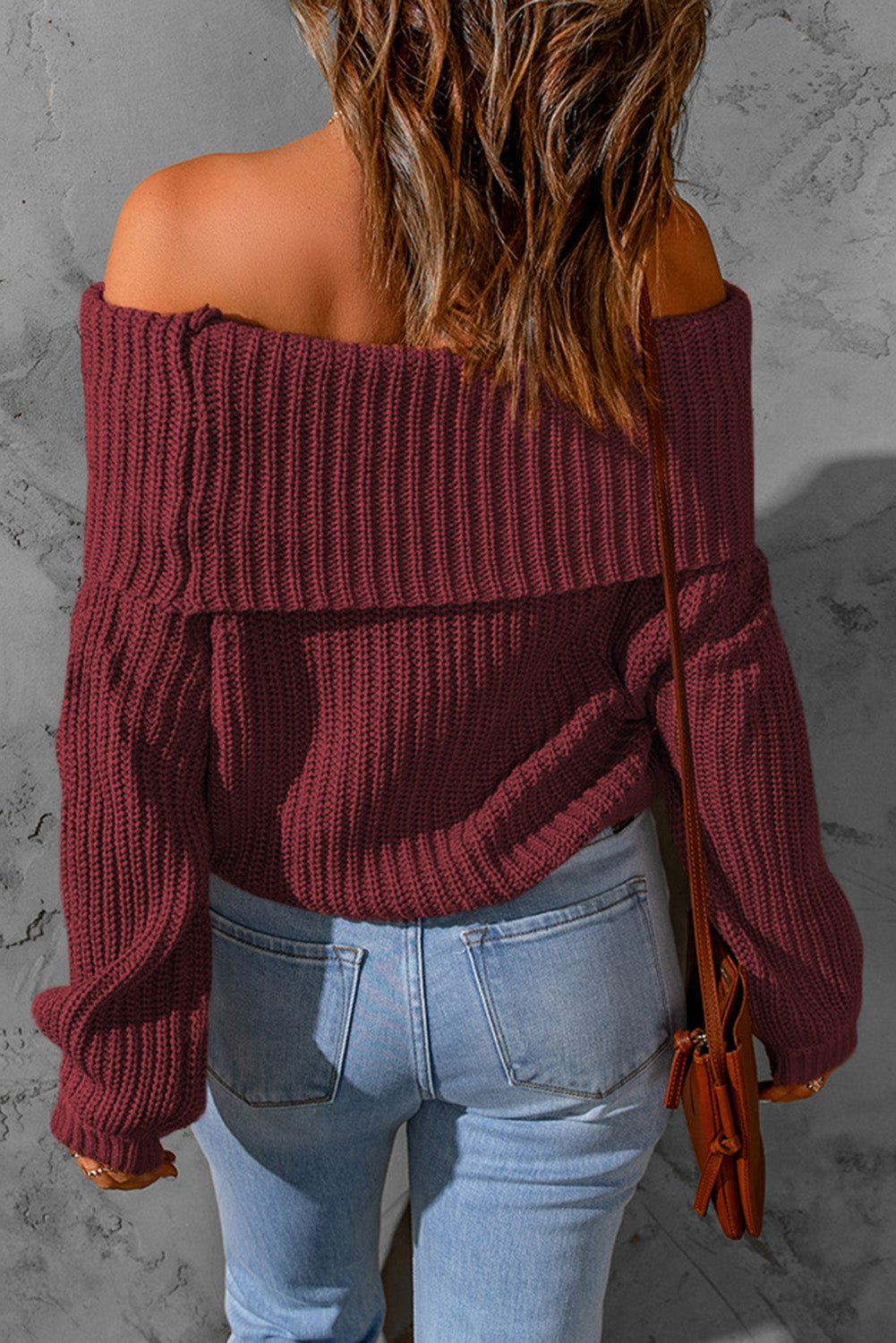 Fiery Red Ribbed Knit Foldover Off Shoulder Sweater